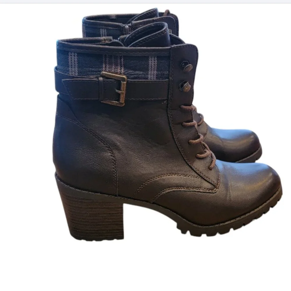 Anthropologie Seychelles Women's Brown Lace Up Boots Plaid Accent Lug Sole - Picture 2 of 11